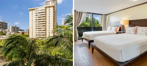Exterior of the Bamboo Waikiki (left) and interior guest room at the Bamboo Waikiki (right)
